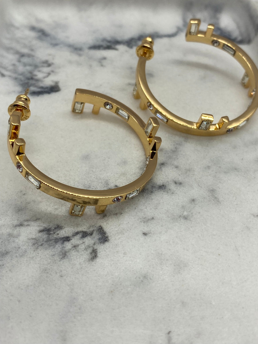 FENDI F Gold Tone Rhinestone Hoop Earrings - Pre owned