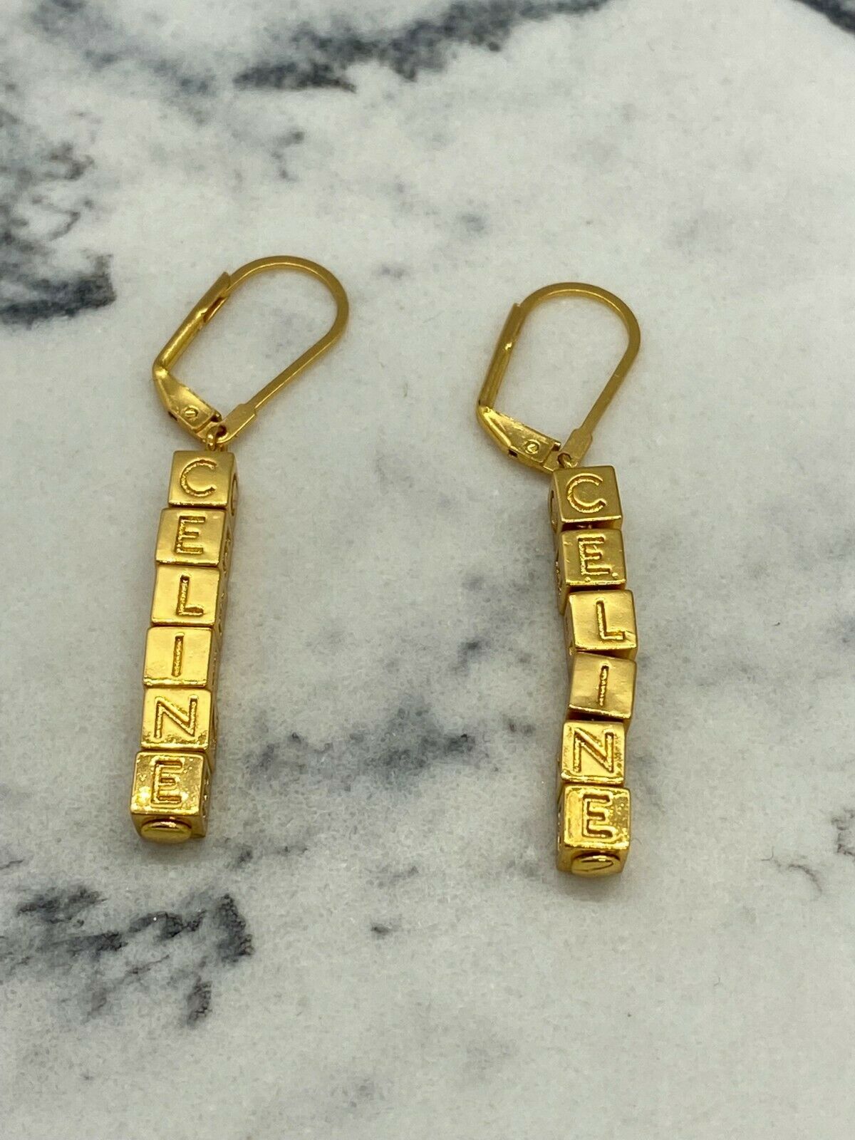CELINE Gold Tone Block Letter Pendant Earrings - Pre owned