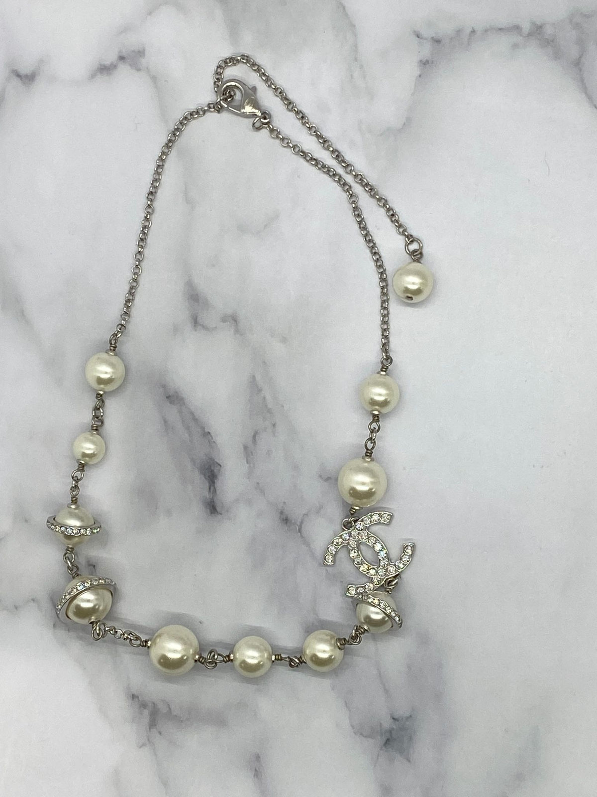CHANEL CC Pearl Chain Orb Necklace - USED
