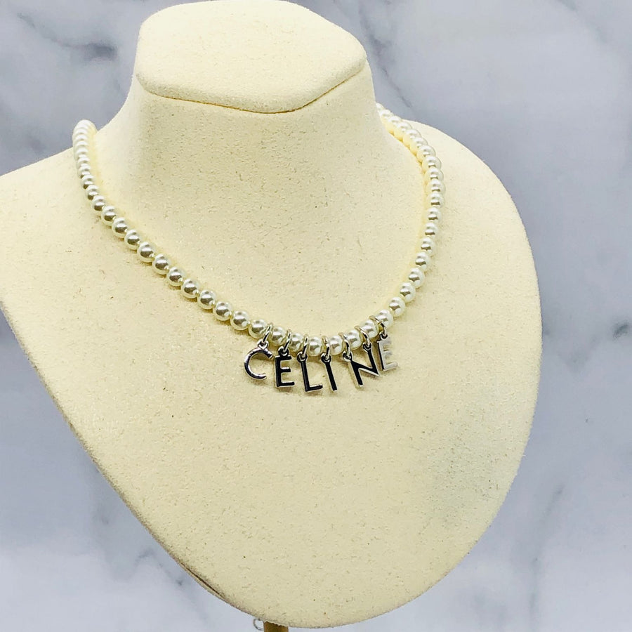 CELINE Faux Pearl Monogram Trim Necklace - Pre owned