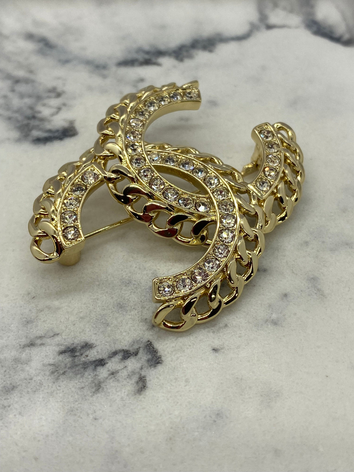 CHANEL CC Gold Tone Rhinestone Brooch Pin - USED