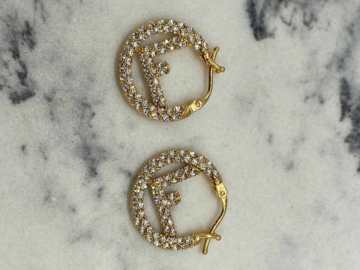 FENDI F Gold Tone Rhinestone Hoop Earrings - USED