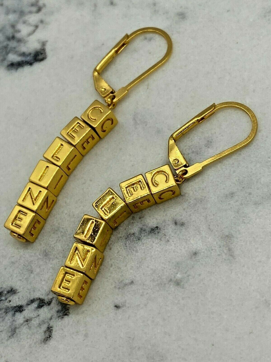CELINE Gold Tone Block Letter Pendant Earrings - Pre owned