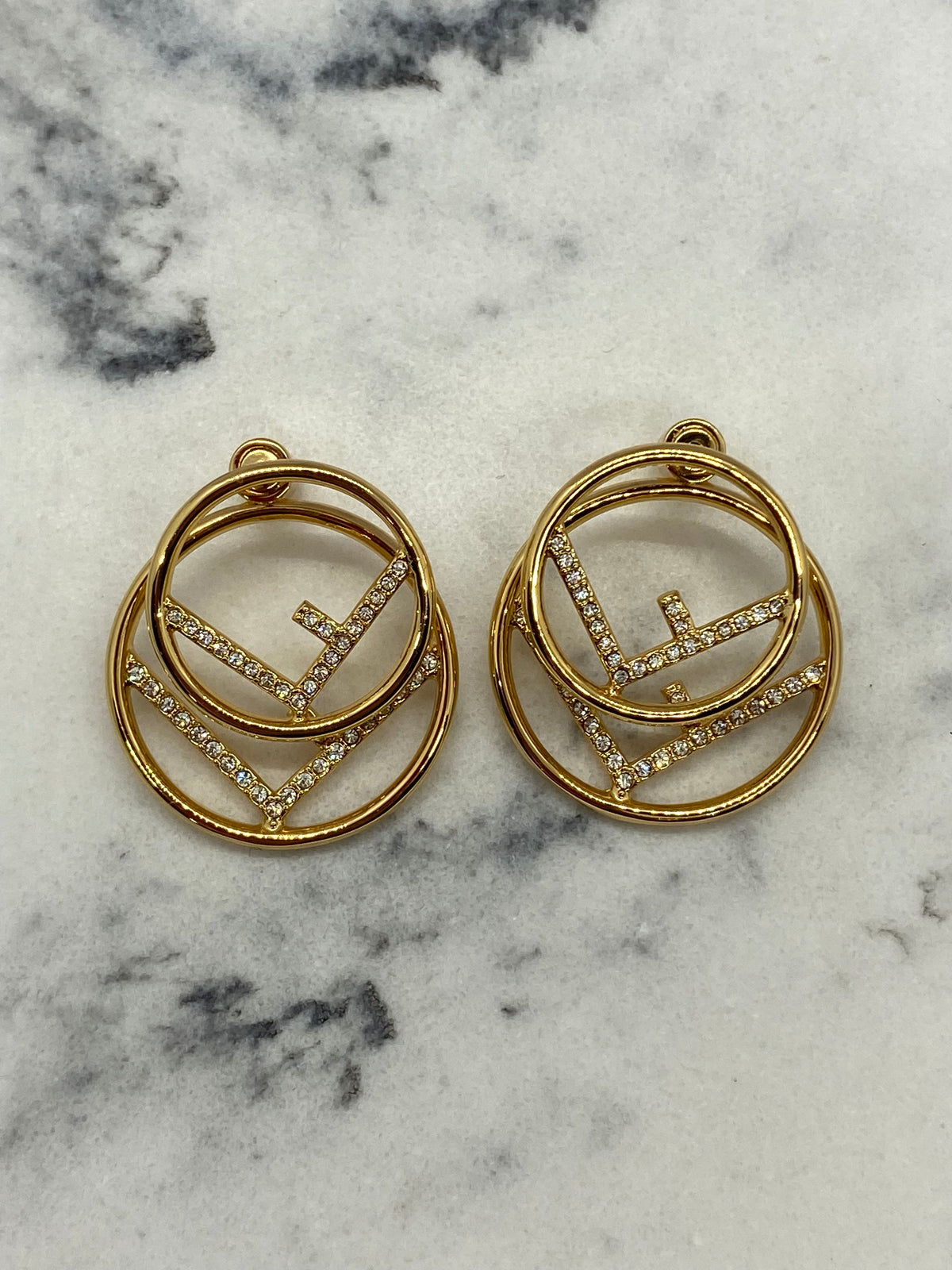FENDI F Gold Tone Rhinestone Double Loop Earrings - Pre owned