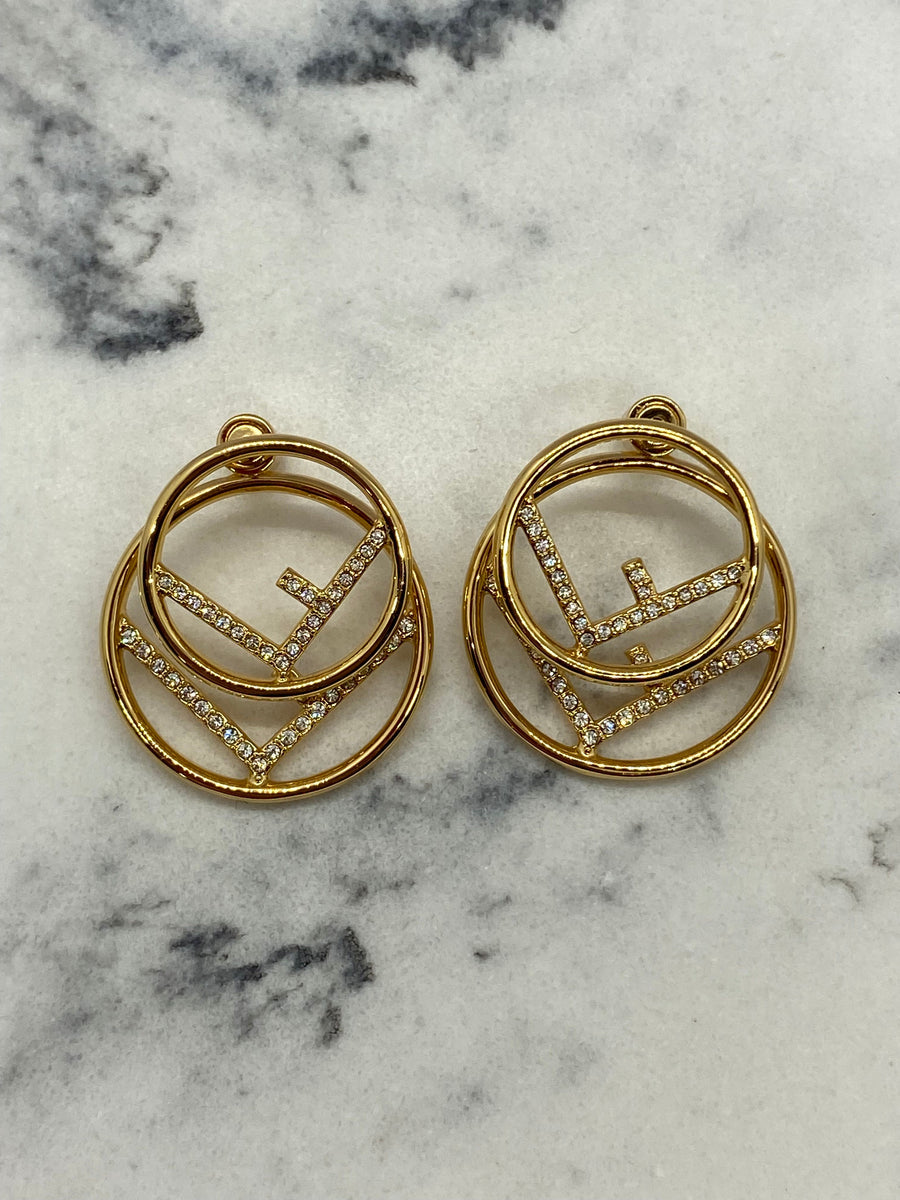 FENDI F Gold Tone Rhinestone Double Loop Earrings - Pre owned