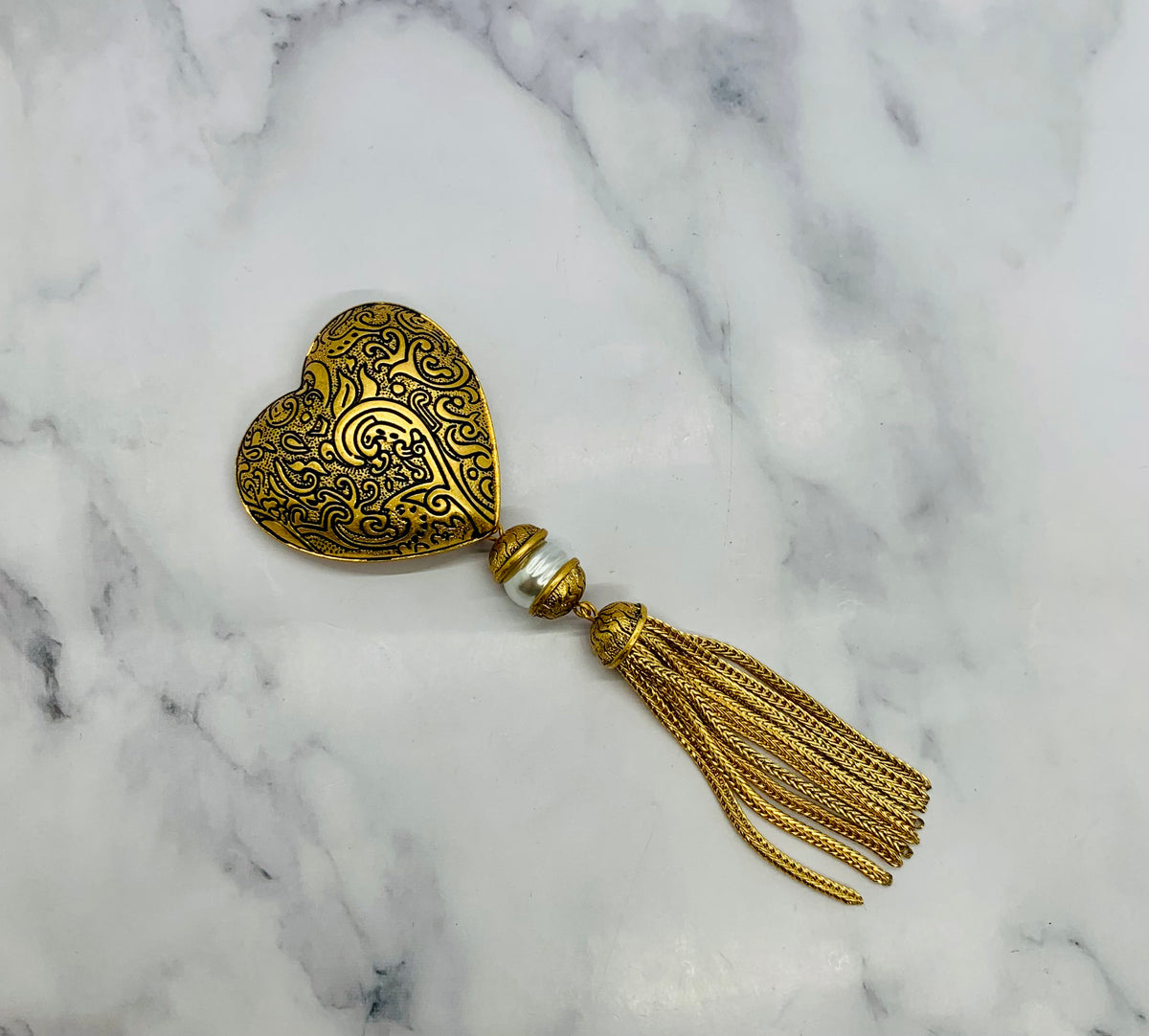 YSL YVES SAINT LAURENT Vintage Heart Tassel Brooch Pin - Pre owned