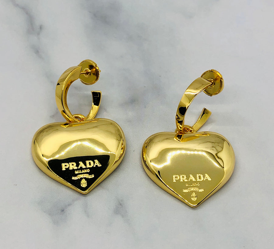 PRADA Gold Tone Heart Pendant Earrings - Pre owned