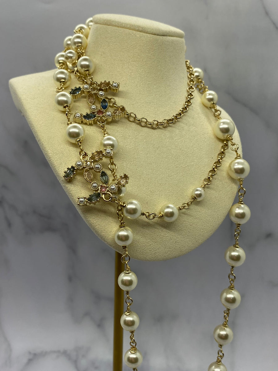 CHANEL CC Pearl Trim Long Layer Necklace - USED