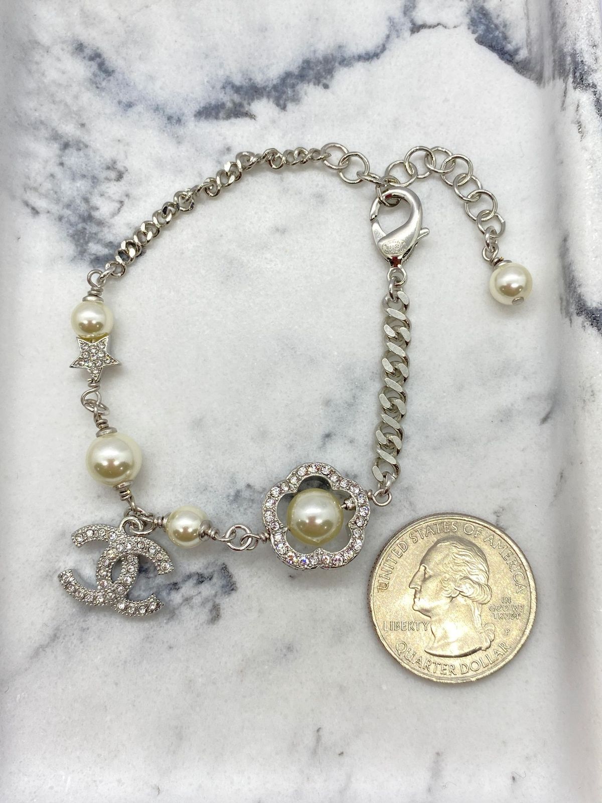 CHANEL CC Silver Tone Rhinestone Charm Bracelet - Pre owned