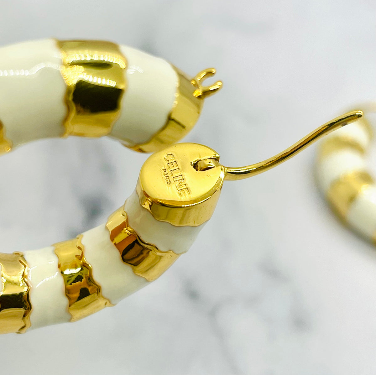 CELINE Paris Enamel White & Gold Hoop Earrings - Pre owned