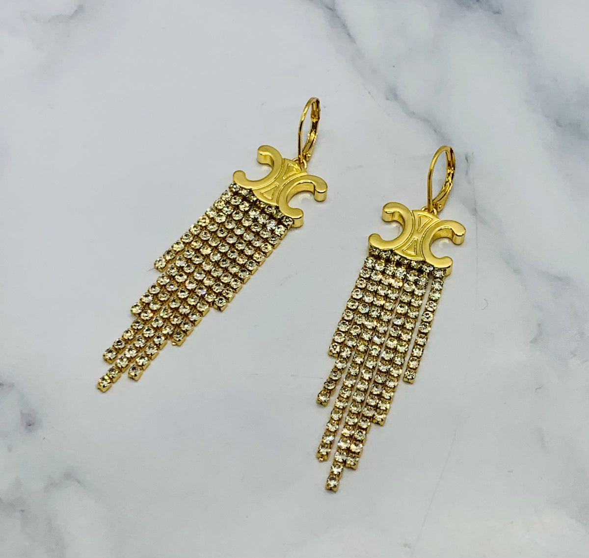 CELINE Monogram Rhinestone Fringe Earrings - Pre owned