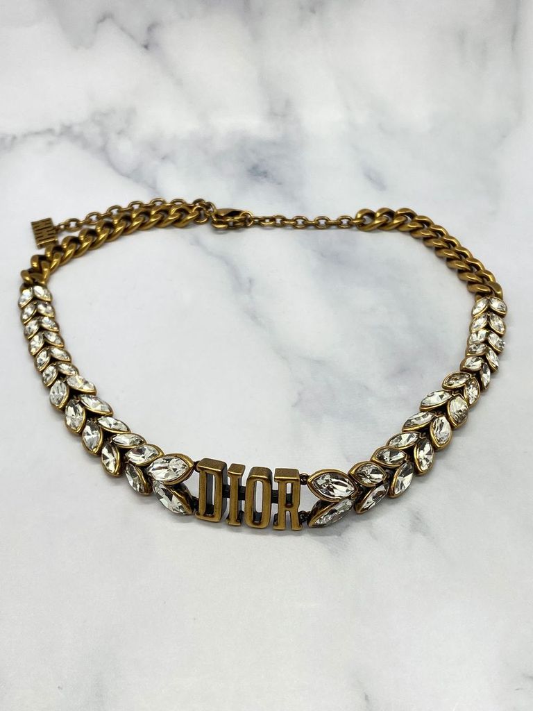 CHRISTIAN DIOR Brass Tone & Crystal Choker Necklace - Pre owned