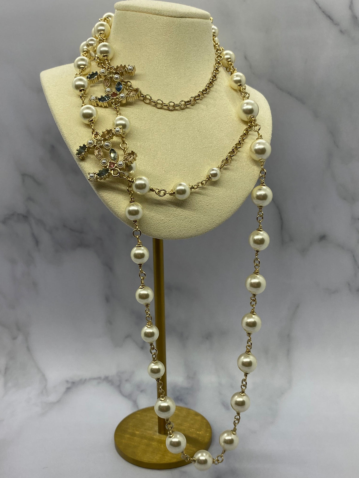 CHANEL CC Pearl Trim Long Layer Necklace - USED