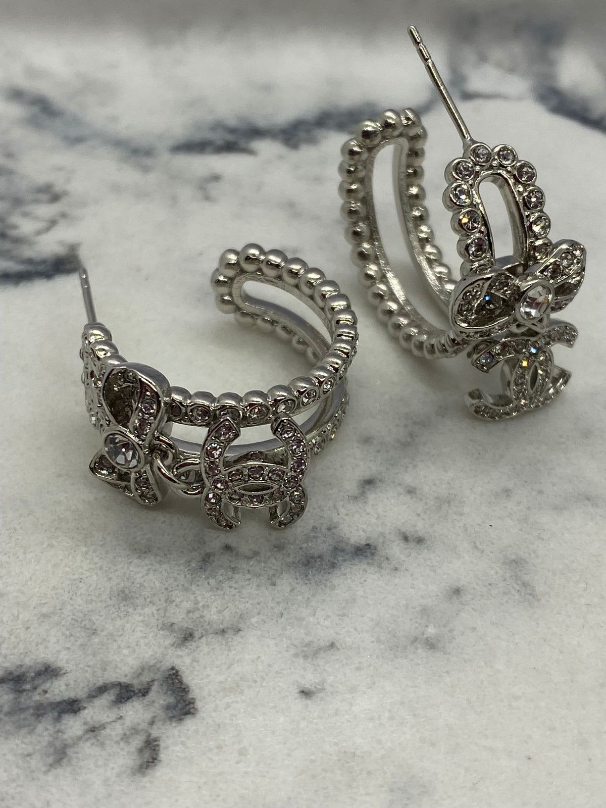 CHANEL CC Silver Tone Charm Hoop Earrings - Pre owned