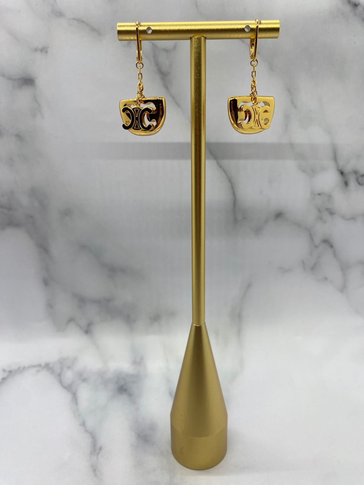 CELINE Gold Tone Monogram Pendant Earrings - Pre owned