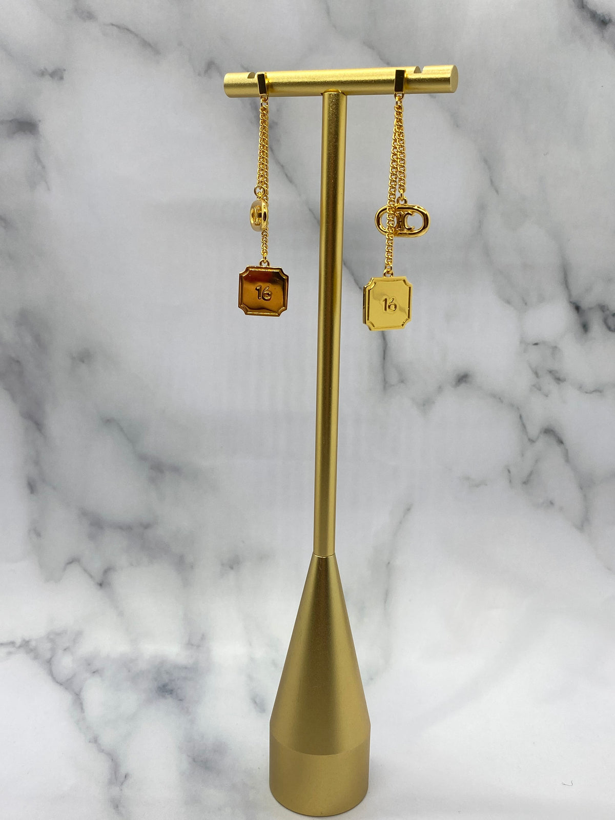 CELINE Gold Tone Monogram Pendant Earrings - Pre owned