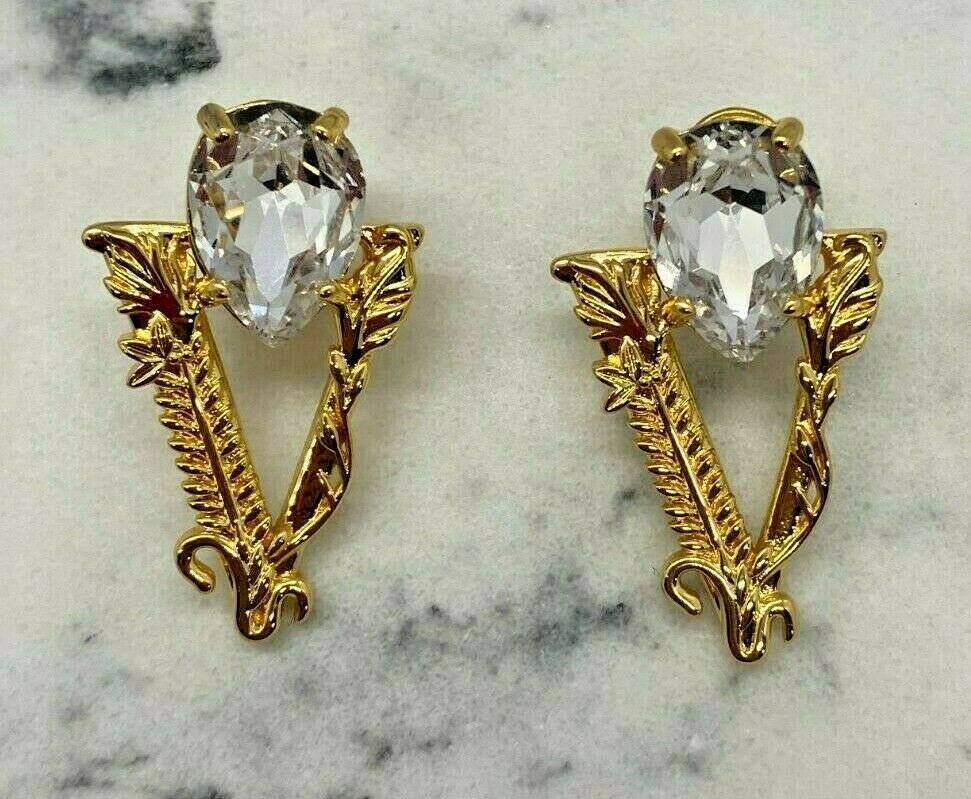 VERSACE V Gold Tone Rhinestone Earrings - Pre owned