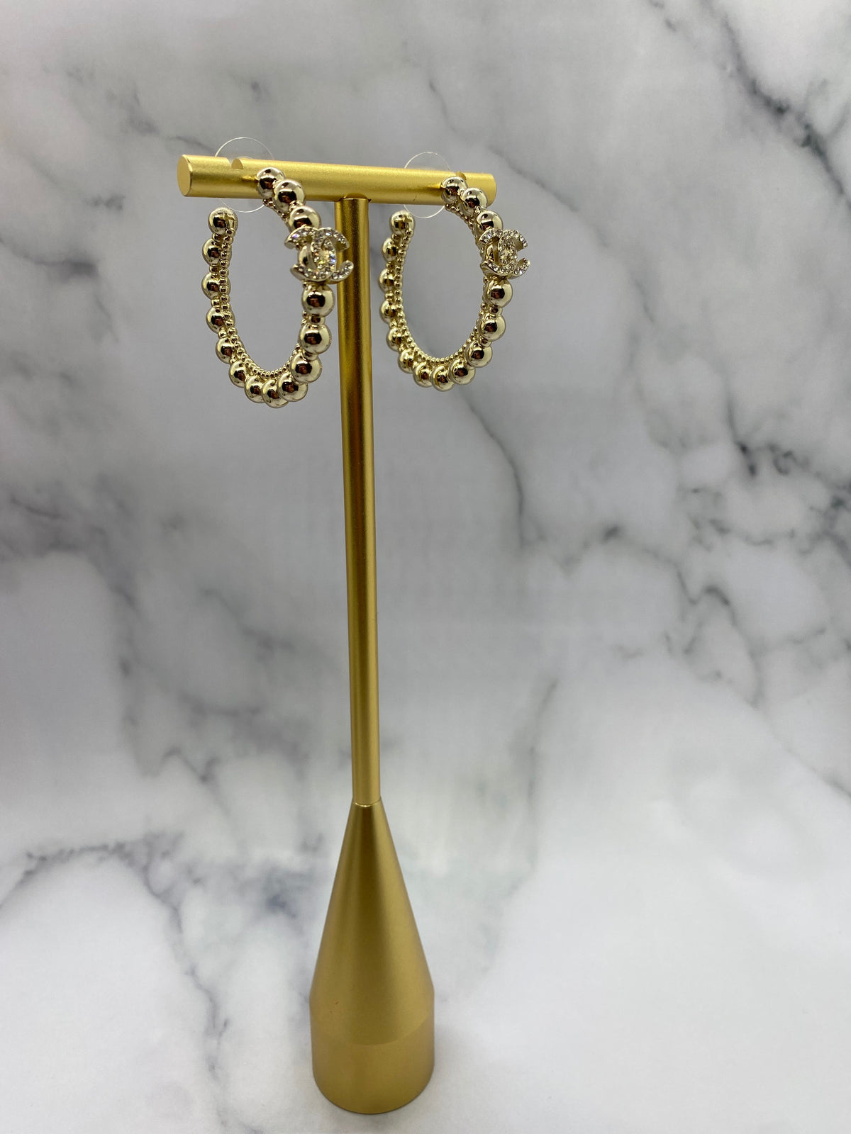 CHANEL CC Light Gold Rhinestone Hoop Earrings - USED