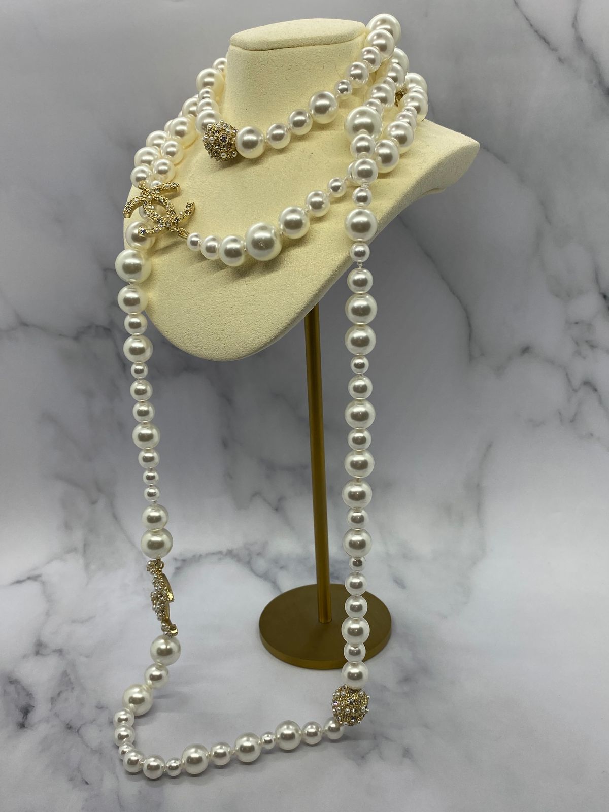 CHANEL CC Pearl Long Layer Statement Necklace - USED