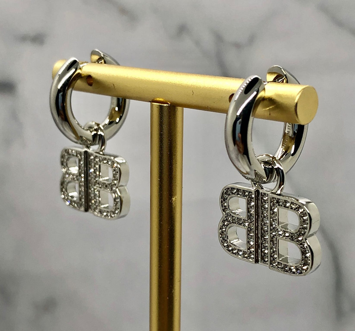 BALENCIAGA BB Silver Tone Rhinestone Earrings - Pre owned