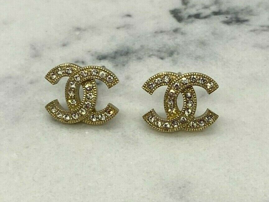 CHANEL CC Gold Tone Rhinestone Small Earrings - USED