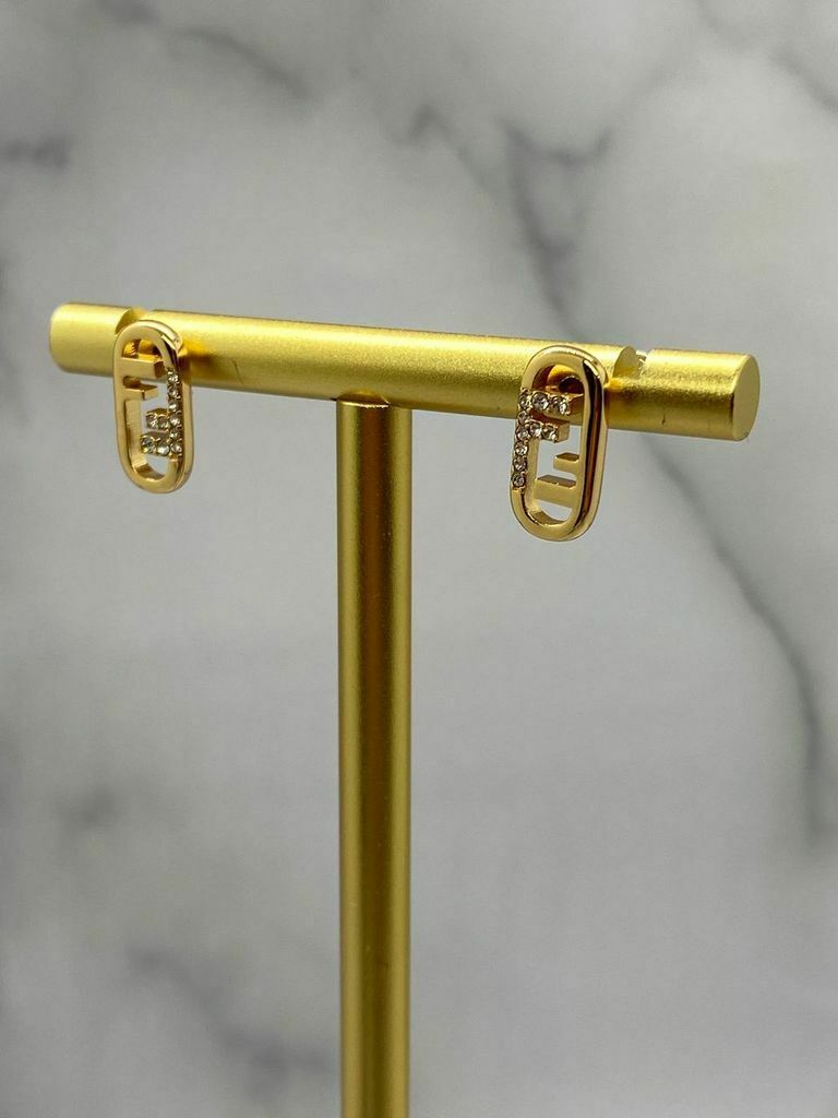 FENDI FF Gold Tone Monogram Rhinestone Earrings - Pre owned