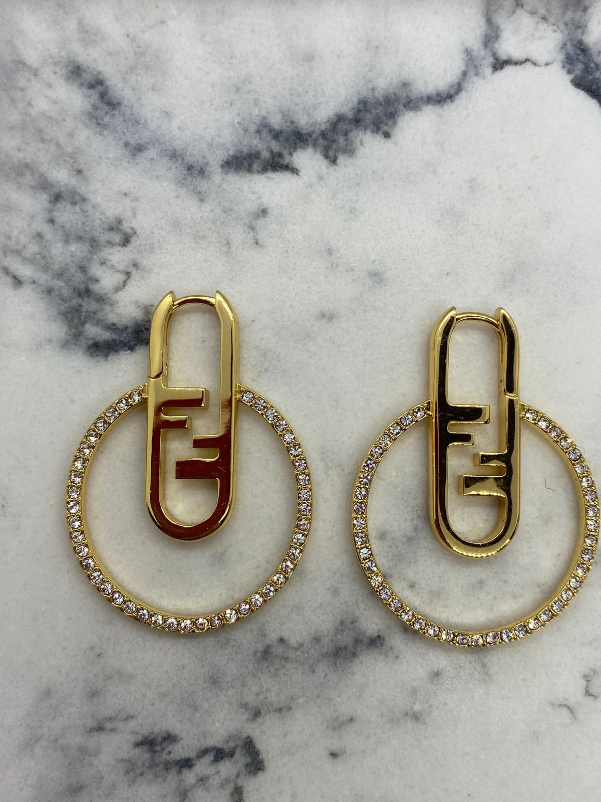 FENDI F Gold Tone Rhinestone Disc Earrings - Pre owned