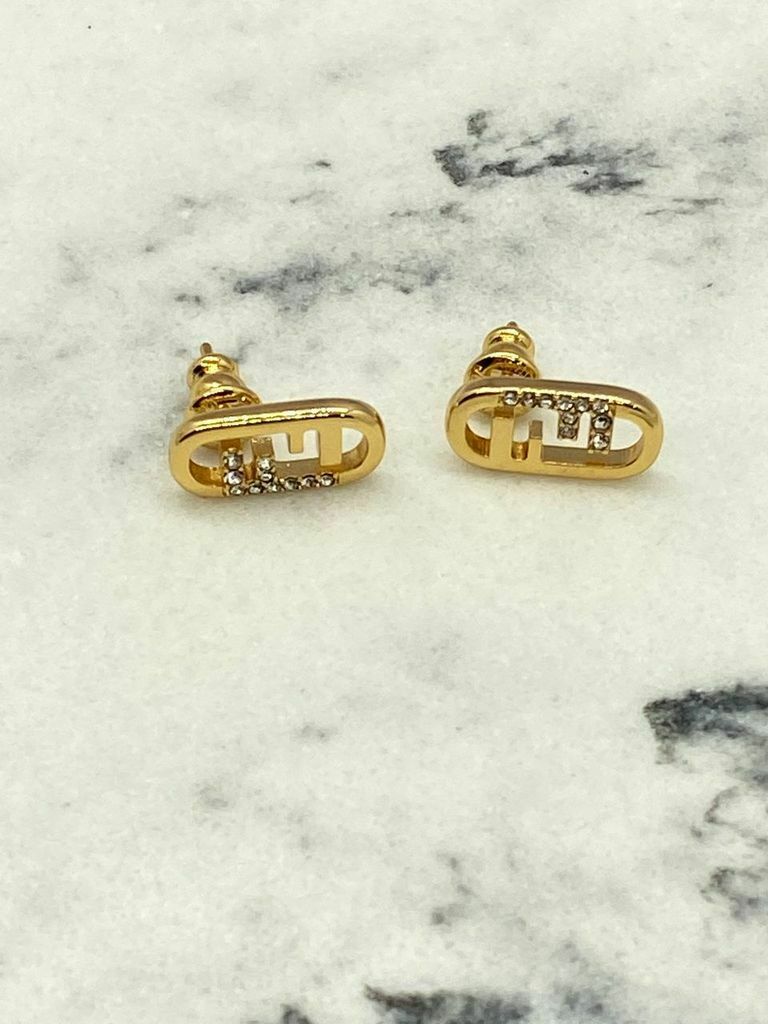 FENDI FF Gold Tone Monogram Rhinestone Earrings - Pre owned