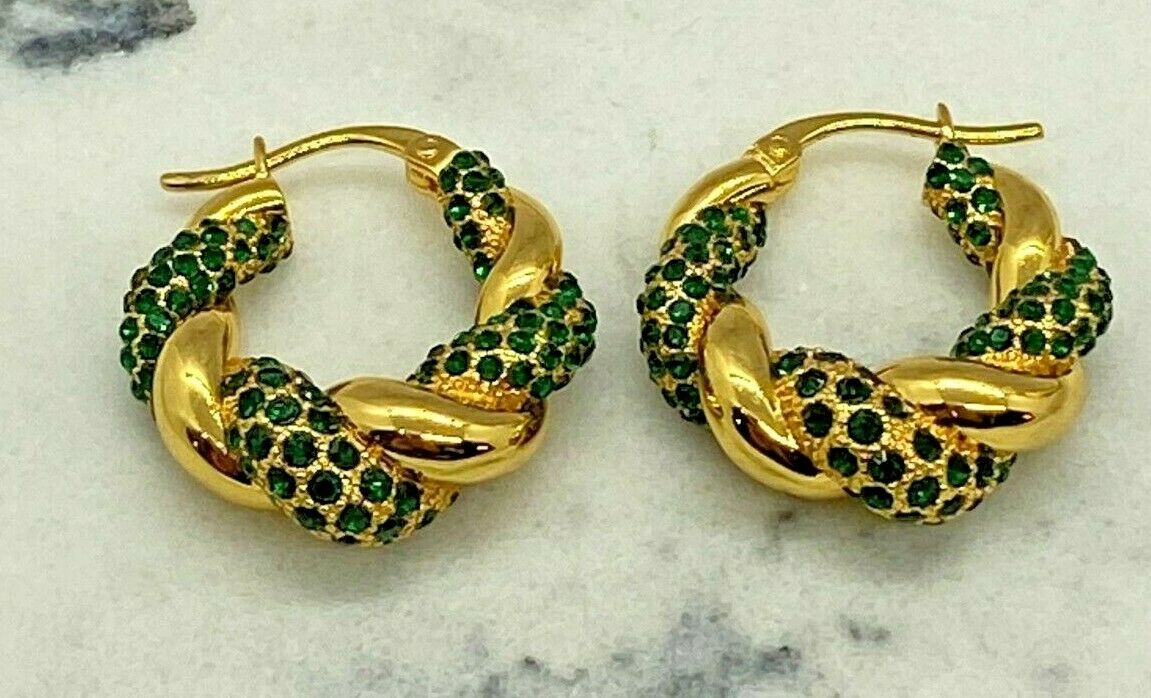 BOTTEGA VENETA Gold & Green Rhinestone Hoop Earrings - Pre owned