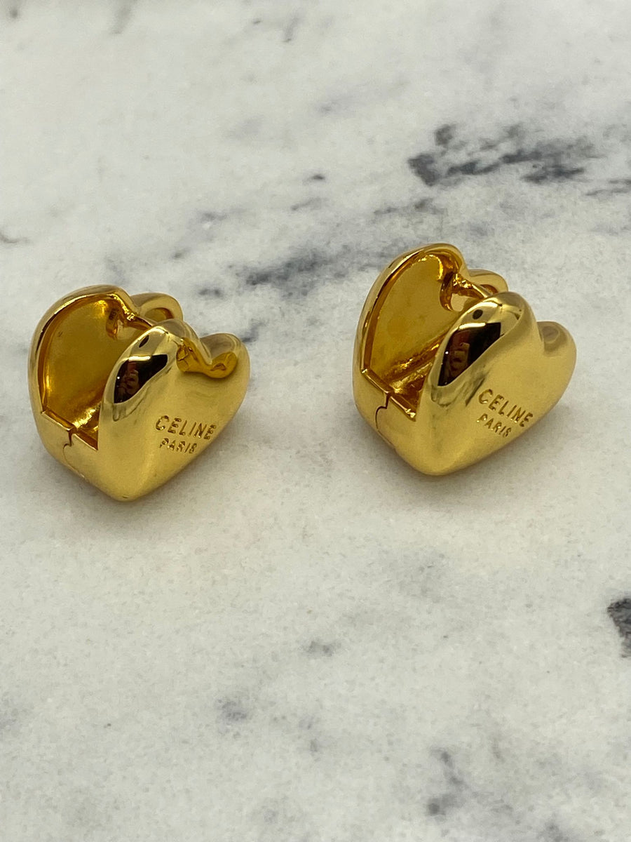 CELINE Gold Tone Heart Snap Earrings - Pre owned