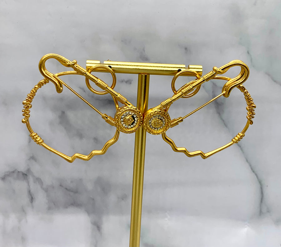 VERSACE Safety Pin Gold Tone Hoop Earrings - Pre owned