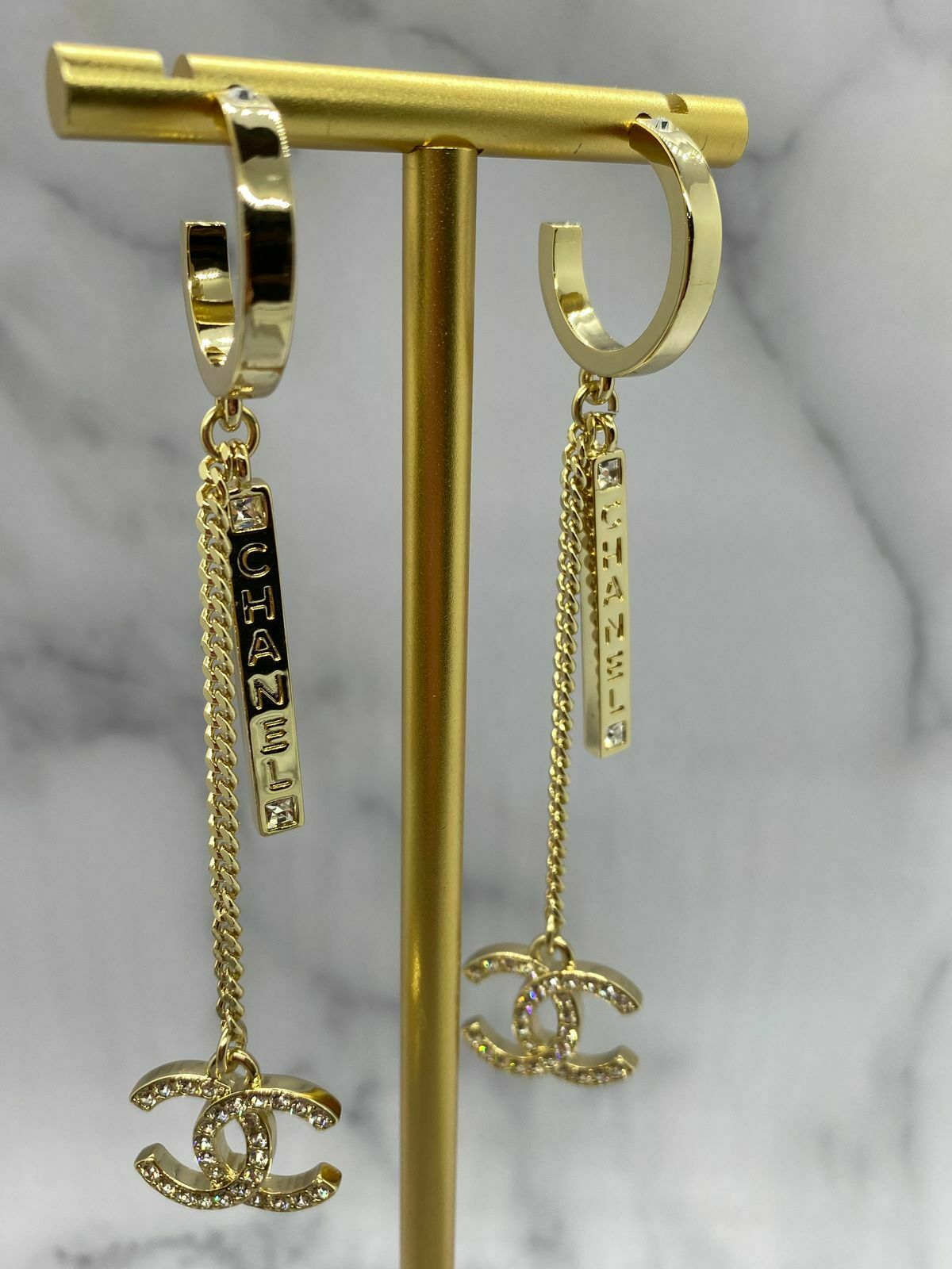 CHANEL CC Gold Tone Charm Pendant Earrings - Pre owned