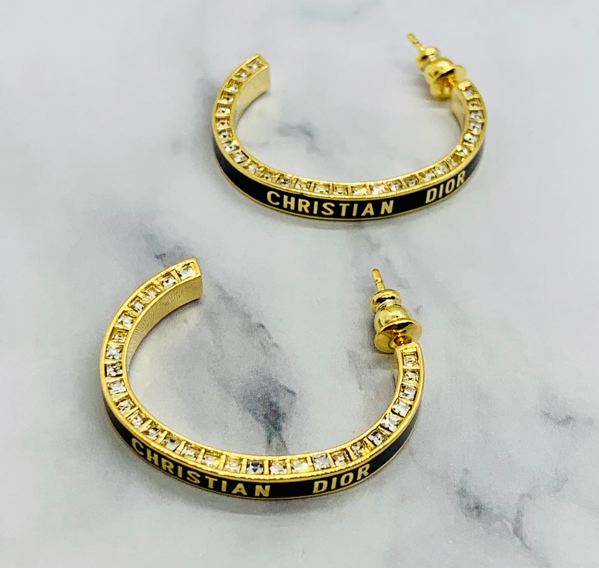 CHRISTIAN DIOR Black Rhinestone Hoop Earrings - Pre owned