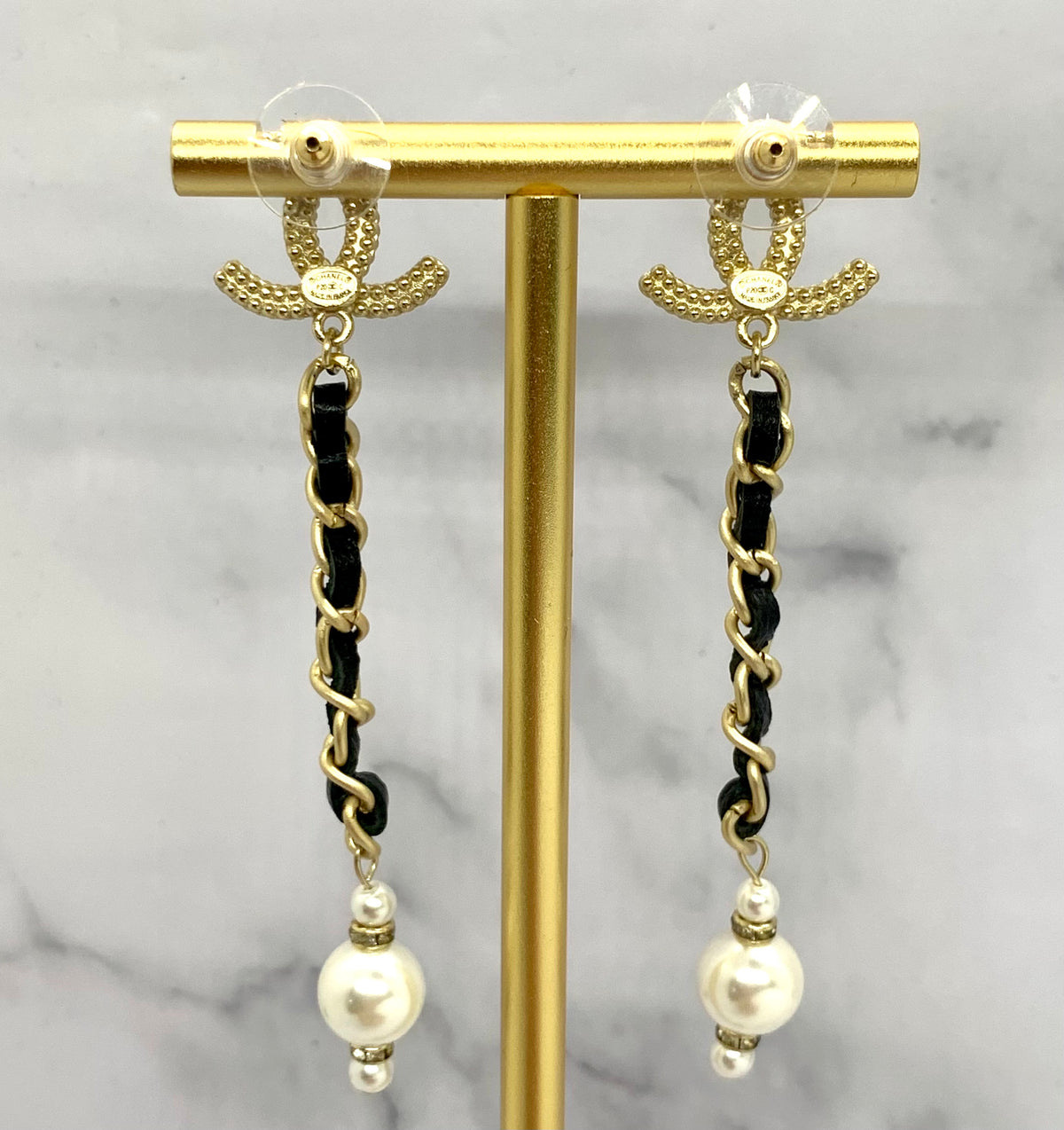 CHANEL CC Leather Trim Pendant Earrings - USED