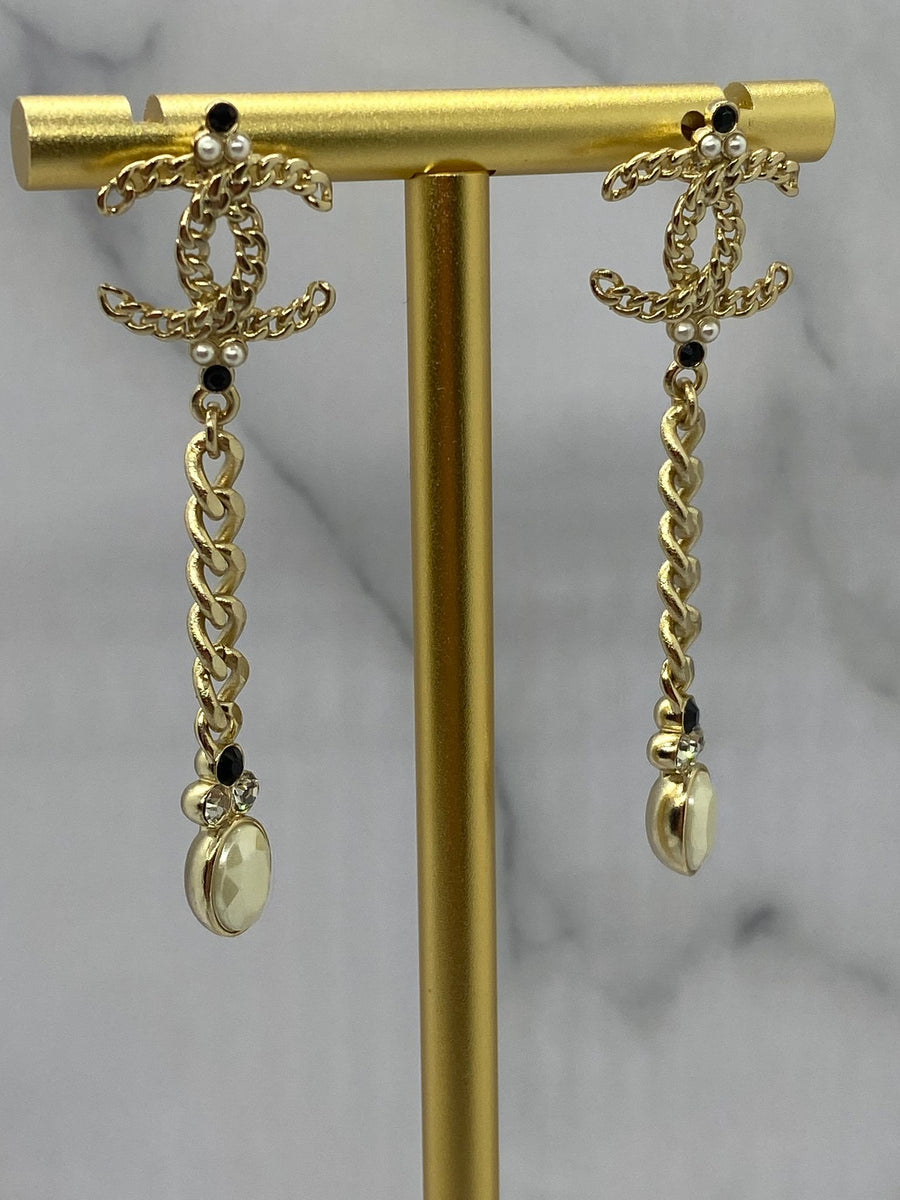 CHANEL CC Gold Tone Pearl Pendant Earrings - Pre owned