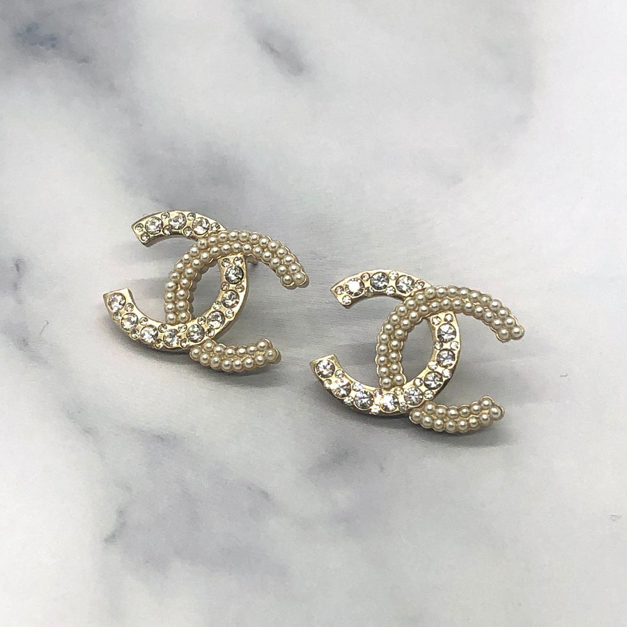 CHANEL CC Gold Tone Rhinestone Earrings - Pre owned