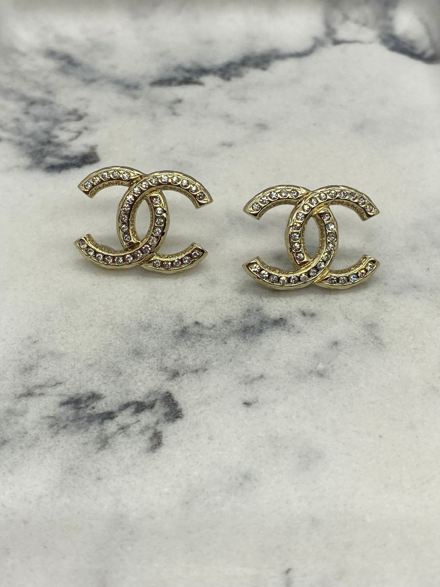 CHANEL CC Gold Tone Small Rhinestone Earrings - Pre owned