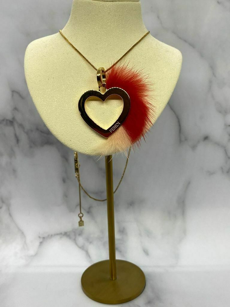 FENDI Gold Fur Trim Heart Charm Necklace - Pre owned