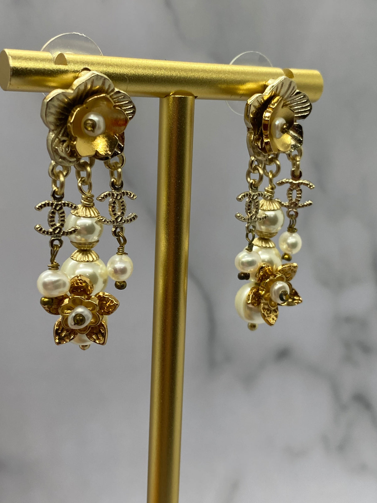 CHANEL CC 2017 Rare Golden Camelia Blossom Earrings - USED