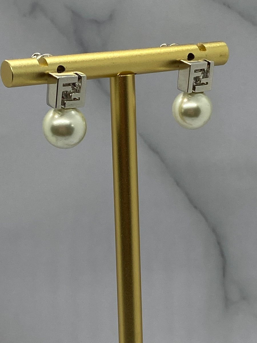 FENDI F Silver Tone Pearl Earrings - Pre owned