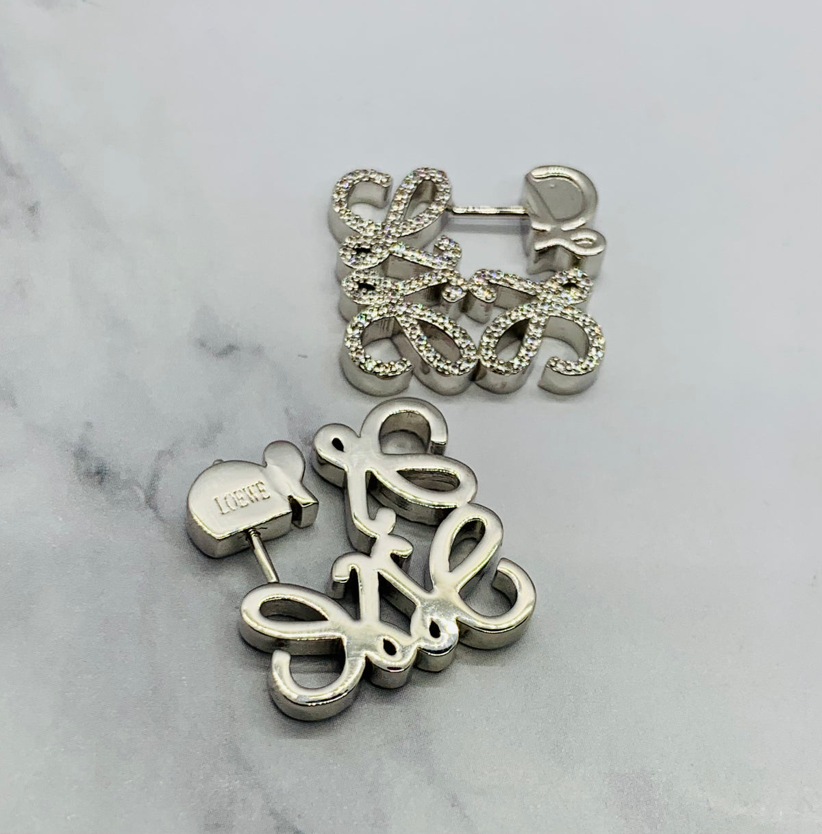 LOEWE Silver Tone Rhinestone monogram Earrings - Pre owned