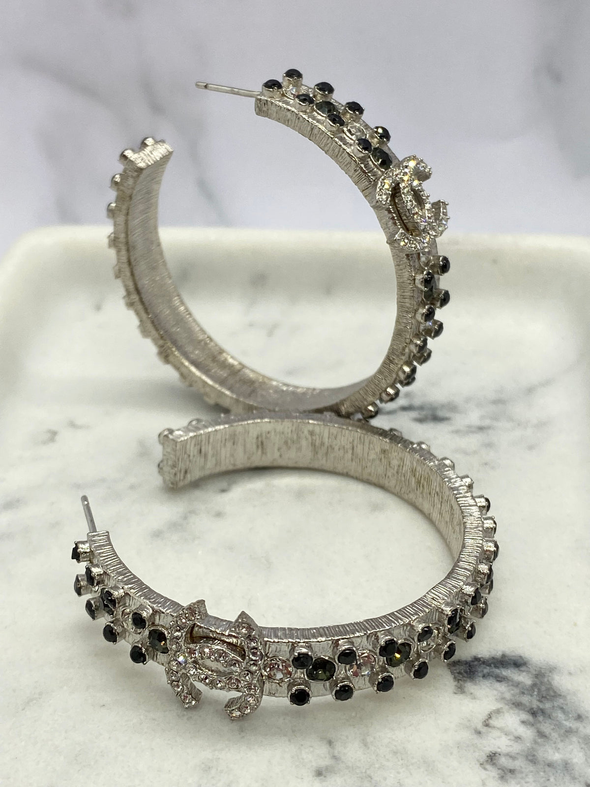 CHANEL CC Silver Tone Rhinestone Hoop Earrings - USED