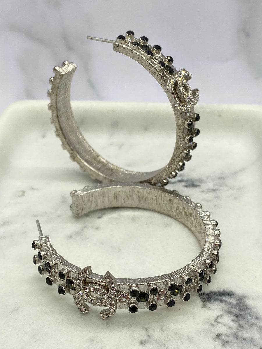 CHANEL CC Silver Tone Rhinestone Hoop Earrings - USED