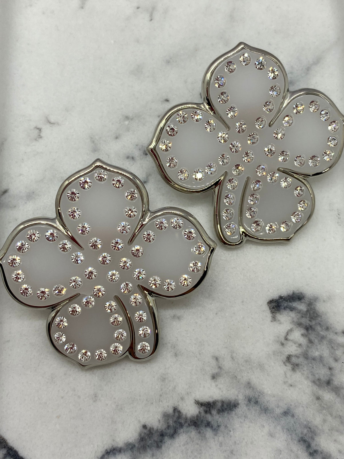 BALENCIAGA White Rhinestone Clover Earrings - USED
