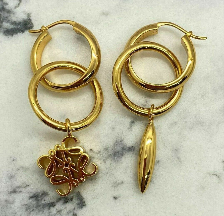 LOEWE Gold Tone Monogram Charm Hoop Earrings - Pre owned