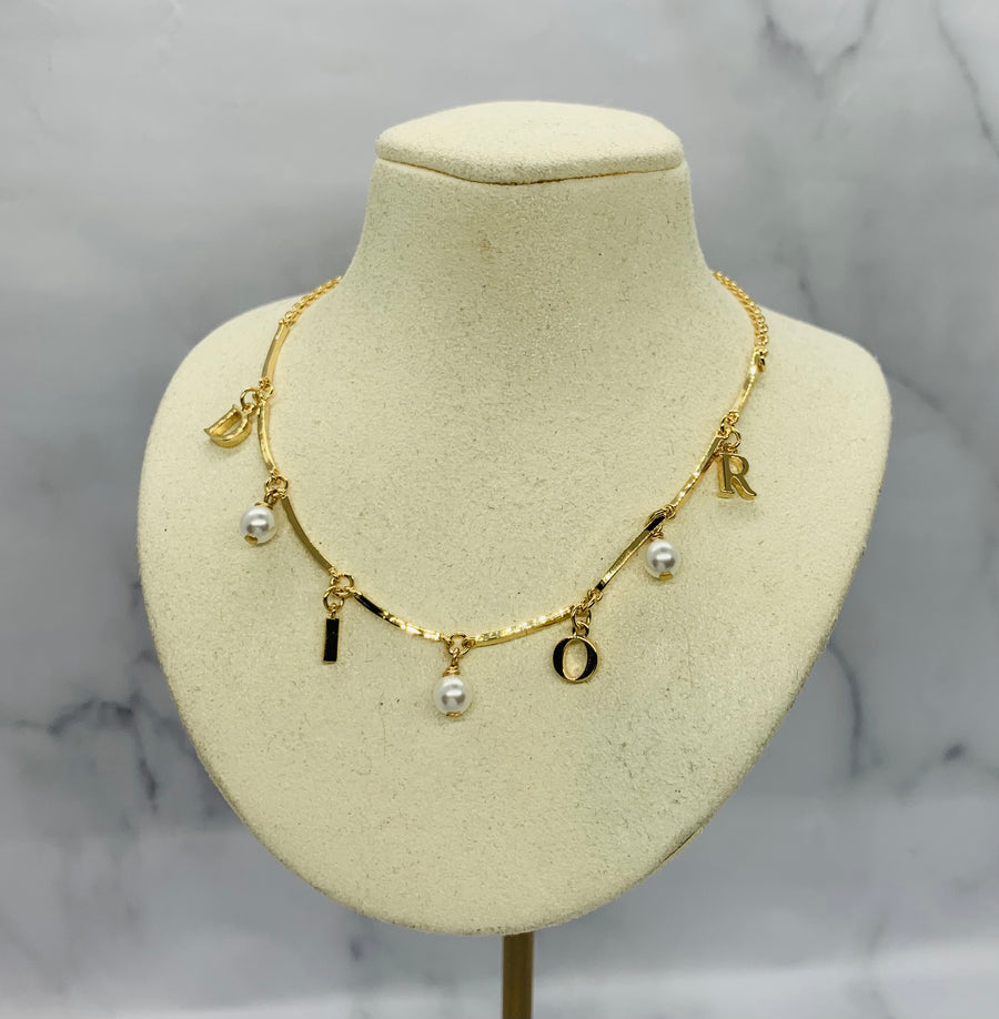 CHRISTIAN DIOR Pearl Trim Monogram Necklace - Pre owned