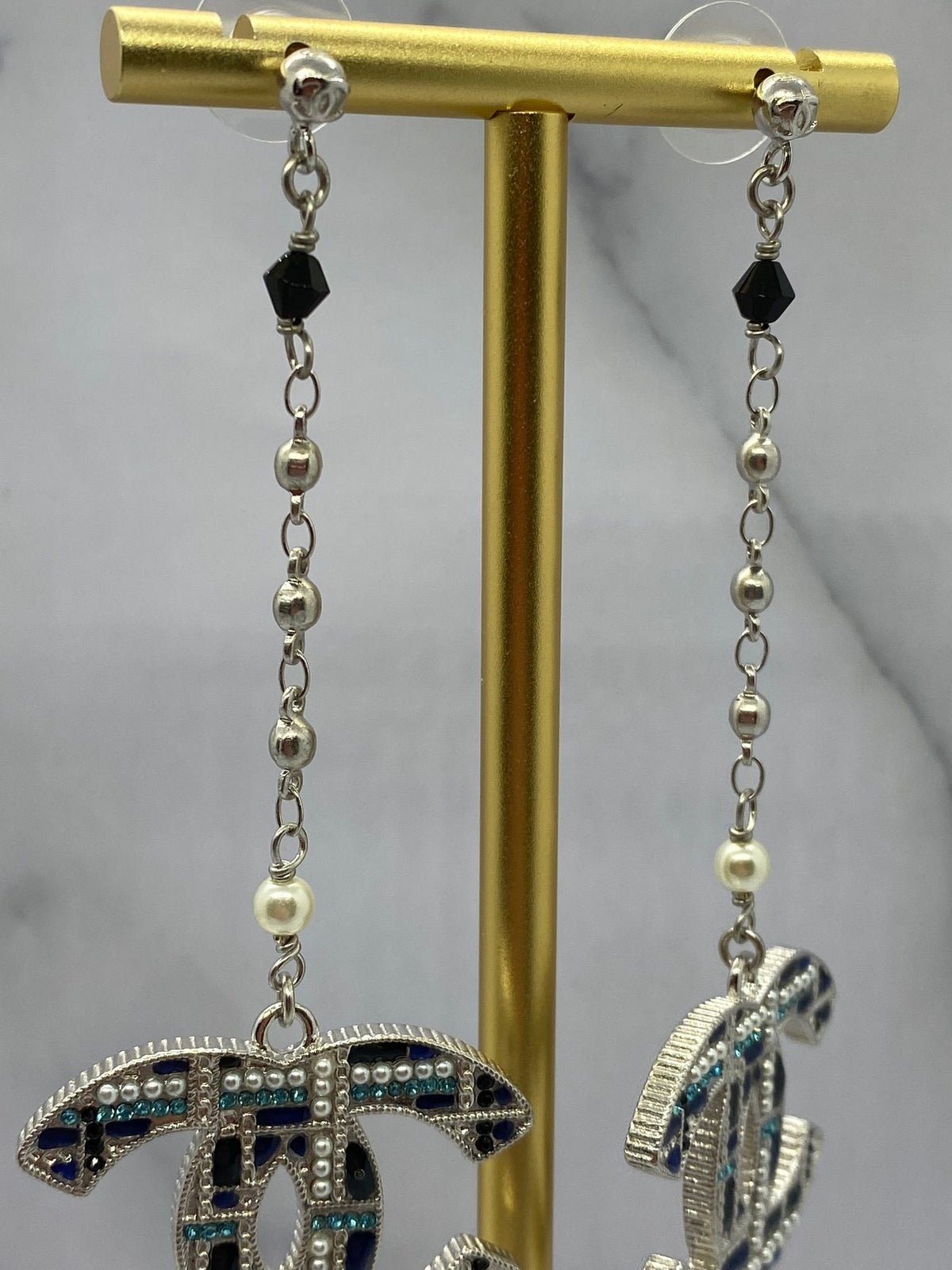 CHANEL CC Blue Plaid Pendant Earrings - Pre owned