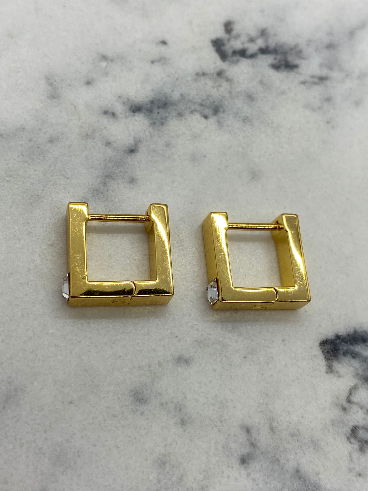 CELINE Gold Tone Square Rhinestone Hoop Earrings - Pre owned