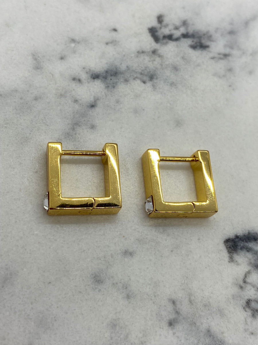 CELINE Gold Tone Square Rhinestone Hoop Earrings - Pre owned