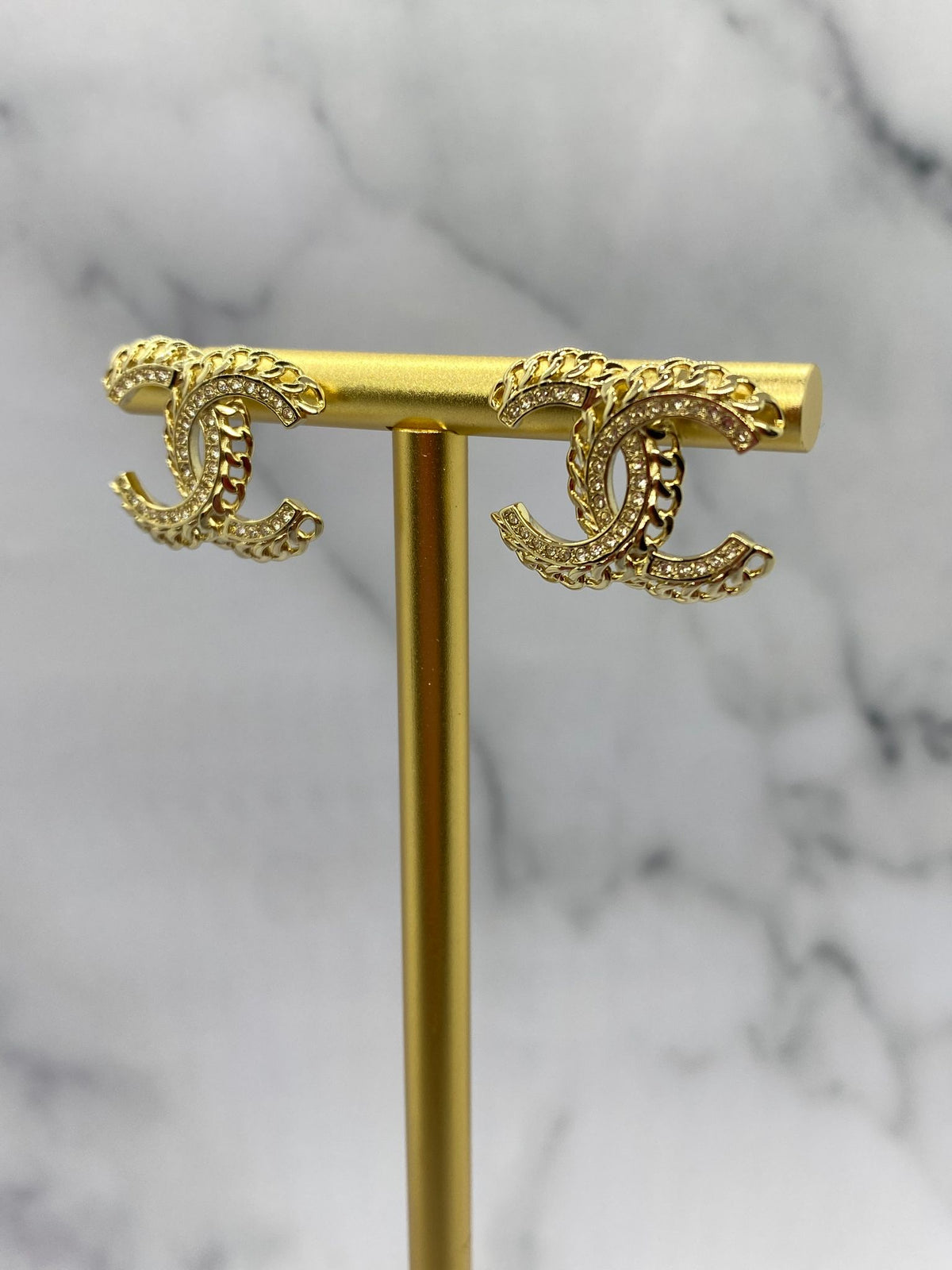 CHANEL CC Gold Tone Rhinestone Earrings - USED